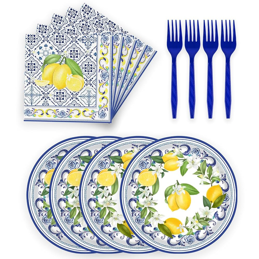 72 Pcs Lemon Paper Plates and Napkins Party Supplies , Blue Tiles Yellow Lemon Party Decorations ... | Amazon (US)