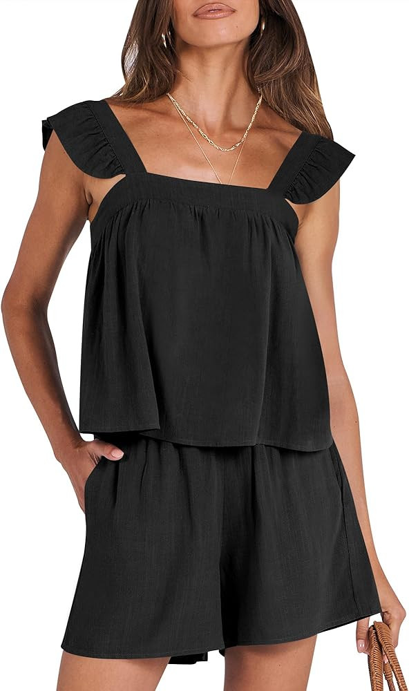 ANRABESS Women's 2 Piece Outfits Linen Set 2024 Summer Casual Sleeveless Crop Top Shorts Vacation... | Amazon (US)