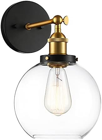 MOTINI 1-Light Globe Wall Sconce Black and Gold Antique Brass 8" Round Clear Glass Swing Arm Mode... | Amazon (US)