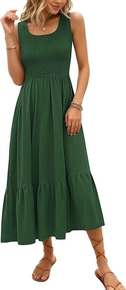 AUSELILY Women's Sleeveless Maxi Dress Summer Sundress Smocked Empire Waist Crew Neck Sun Dresses... | Amazon (US)