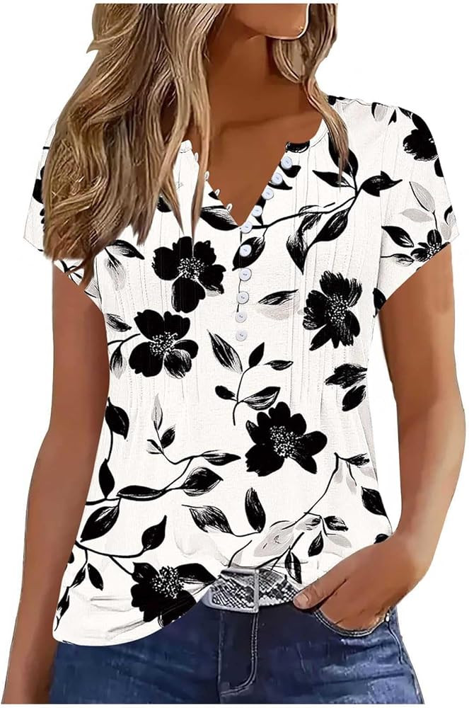 Summer Tops for Women 2025 Trendy Floral Printed Short Sleeve Shirts Dressy Casual Pleated V Neck... | Amazon (US)