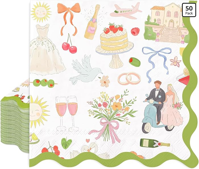 Wedding Paper Napkin Disposable Luncheon Napkin Green Bride Groom Flower Scalloped Dessert Dinner... | Amazon (US)