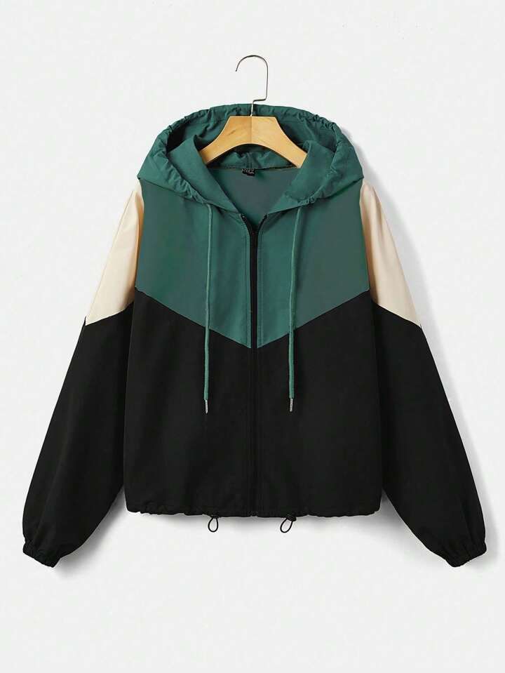 SHEIN EZwear Plus Colorblock Drawstring Hooded Windbreaker Jacket | SHEIN