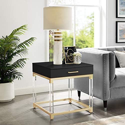 Casandra High Gloss 1 Drawer End Table with Acrylic Legs and Gold Stainless Steel Base, Black/Gol... | Amazon (US)