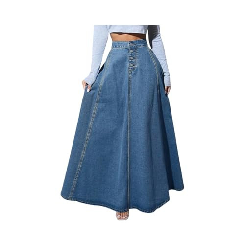 Women's Retro Flared Long Jean Skirt-High Waist Button Front, Pleated Flowy Swing Maxi Skirt in Classic Denim Wash (US, Alpha, XX-Large, Regular, Regular, Dark Blue A) | Amazon (US)