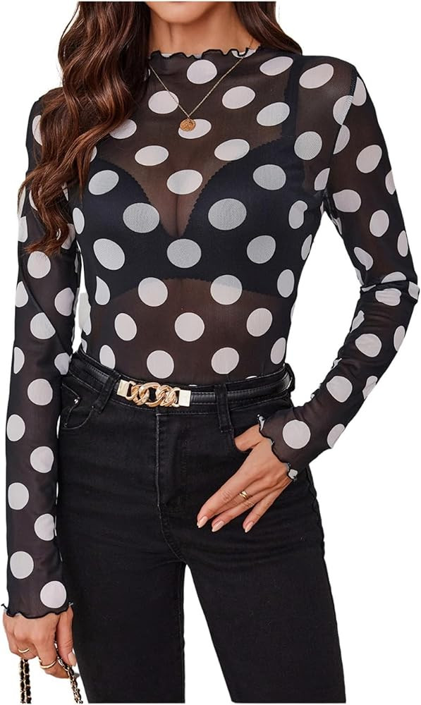 GORGLITTER Women's Polka Dots Mesh Sheer Top Long Sleeve See Through Mock Neck T Shirt Going Out ... | Amazon (US)