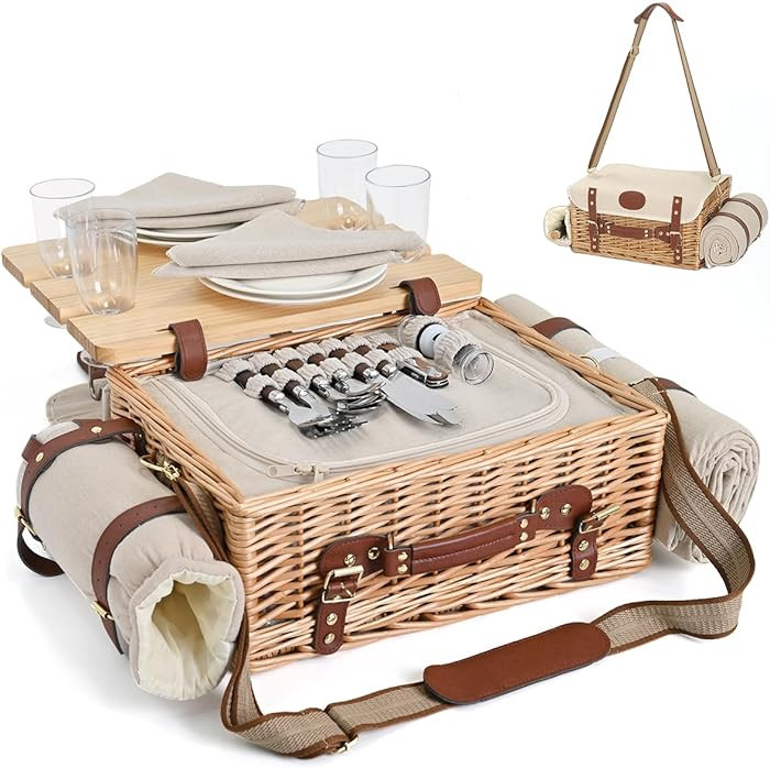 Multifunctional Wicker Picnic Basket Set for 4 with Blanket and Picnic Table, Insulated Picnic Se... | Amazon (US)