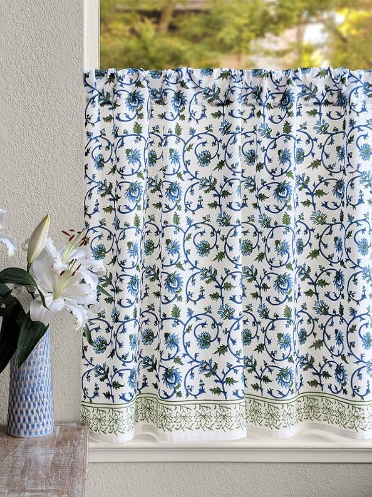 Half Kitchen Cotton Curtains for Small Windows, Bathroom and Cafe Hand Block Printed Moonlit Taj ... | Amazon (US)