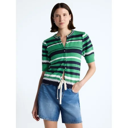 Free Assembly Women s Textured Stripe Cardigan Sweater with Short Puff Sleeves  Lightweight  Sizes XS-XXL | Walmart (US)