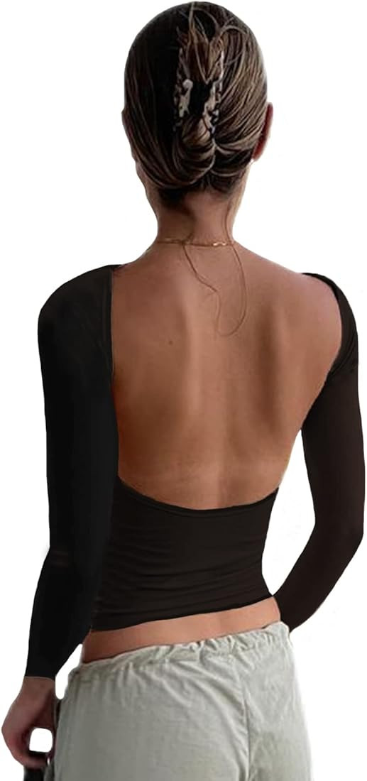 Women's Backless T-Shirts Y2K Crop Top Solid Casual Long Sleeve Sexy Vintage Cut Out 2023 Summer ... | Amazon (US)