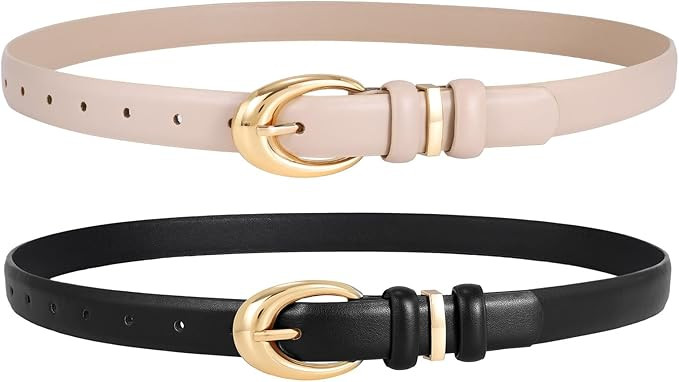 LEACOOLKEY 2 Pack Women Leather Belts for Jeans Dress Fashion Skinny Belt with Gold Silver Buckle | Amazon (US)