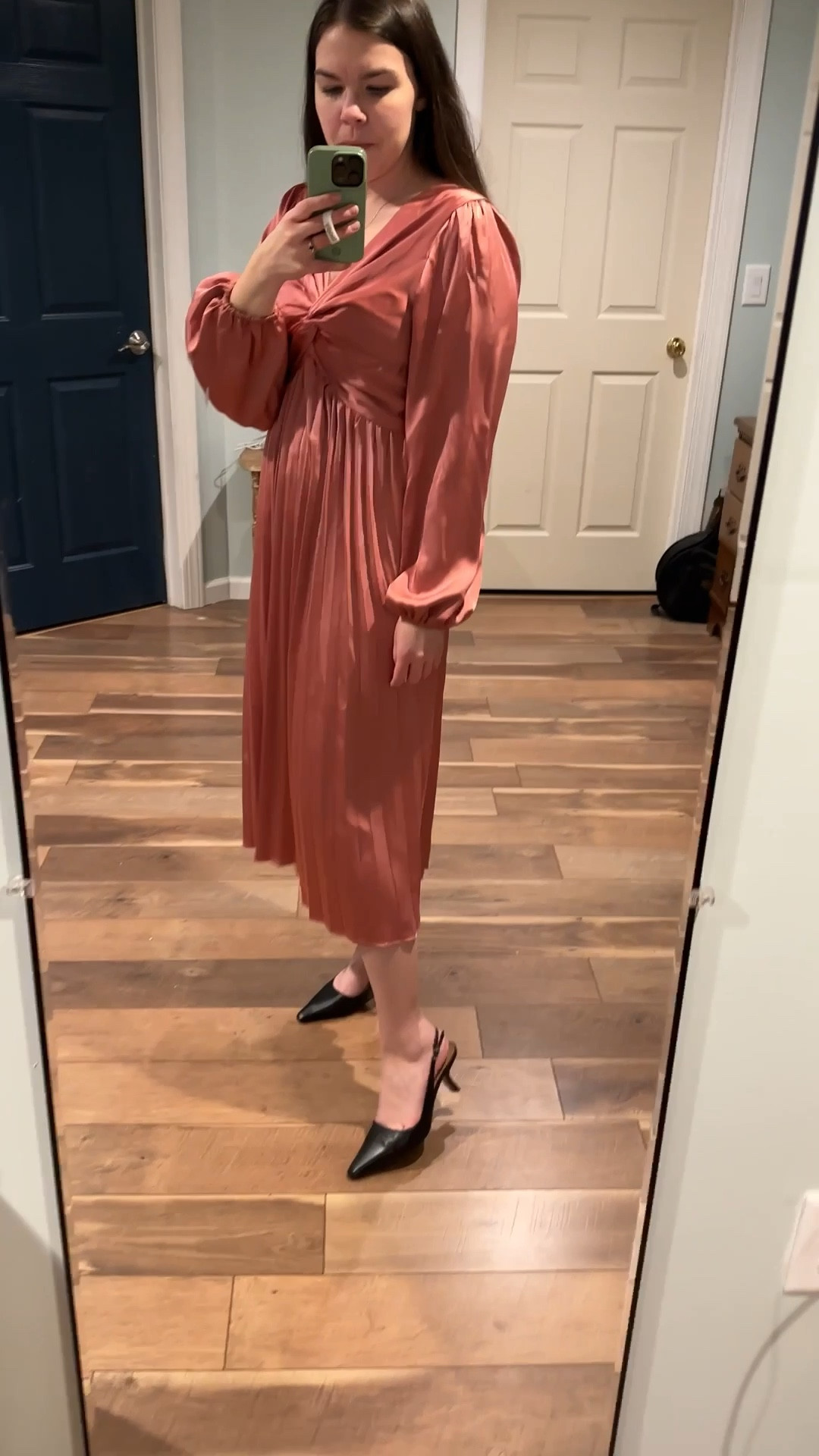 Long sleeve pink dress for special occasions or even for work! Black slingback kitten heels—my go-to dressy shoes. 

#LTKootd #LTKmomlife #LTKWorkwear
