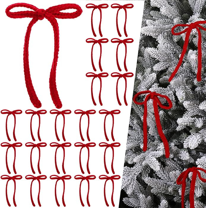 24 Pcs Red Christmas Tree Bows Ornaments Knitted Christmas Bow Decorations 4.7 x 6.7 Inch Crochet... | Amazon (US)