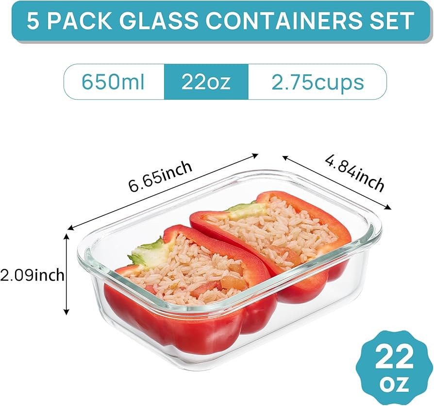 Vtopmart 5Pack 22oz Glass Storage Containers with Lids, Glass Meal Prep Food Container Sets with ... | Amazon (US)
