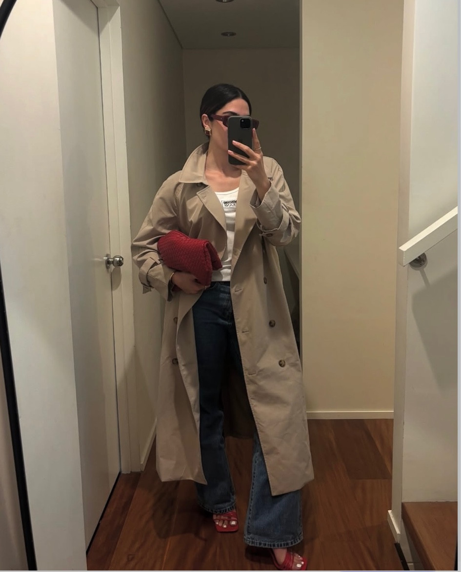 Sprucing things up with a pop of red #red #denim #trenchcoat