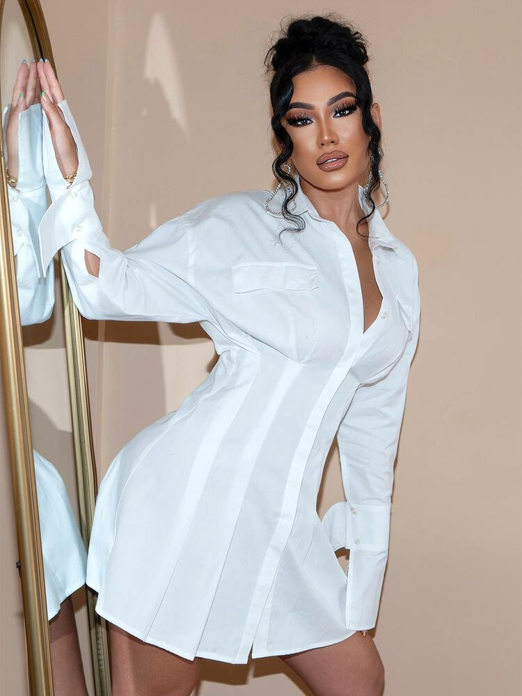 Joyfunear Drop Shoulder Fold Pleated Shirt Dress | SHEIN