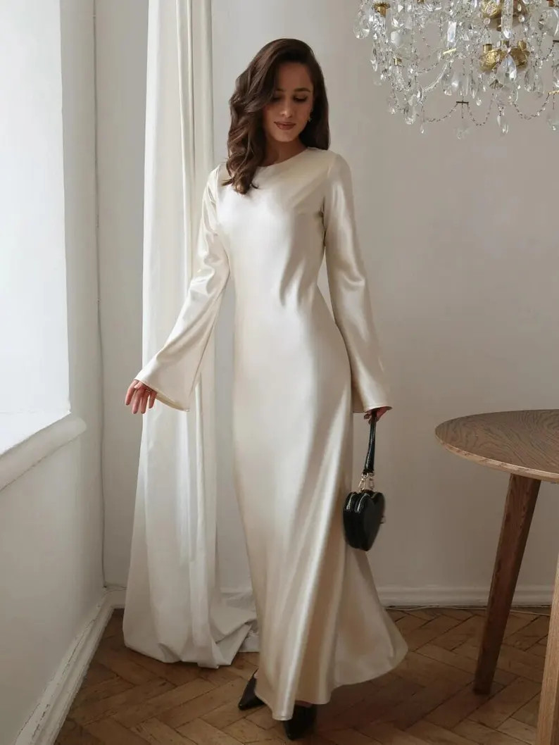 Silk Satin Maxi Dress, Long Sleeve Satin Dress, Minimalist Evening Dress, Elegant Wedding Guest D... | Etsy (Global)