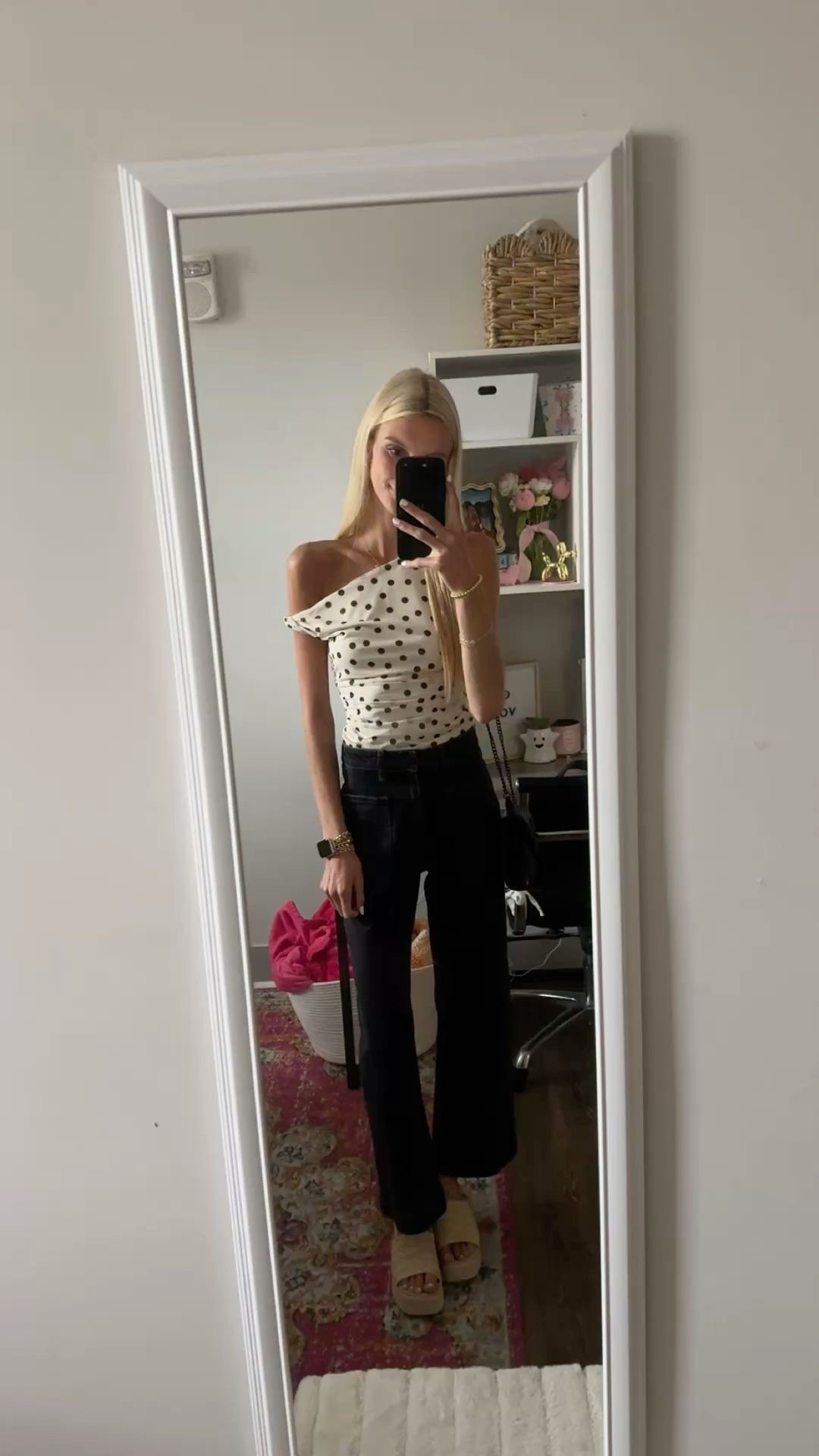 Polka dot A&F off shoulder tank, black jeans & platform woven sandals

#LTKU #LTKValentine #LTKootd