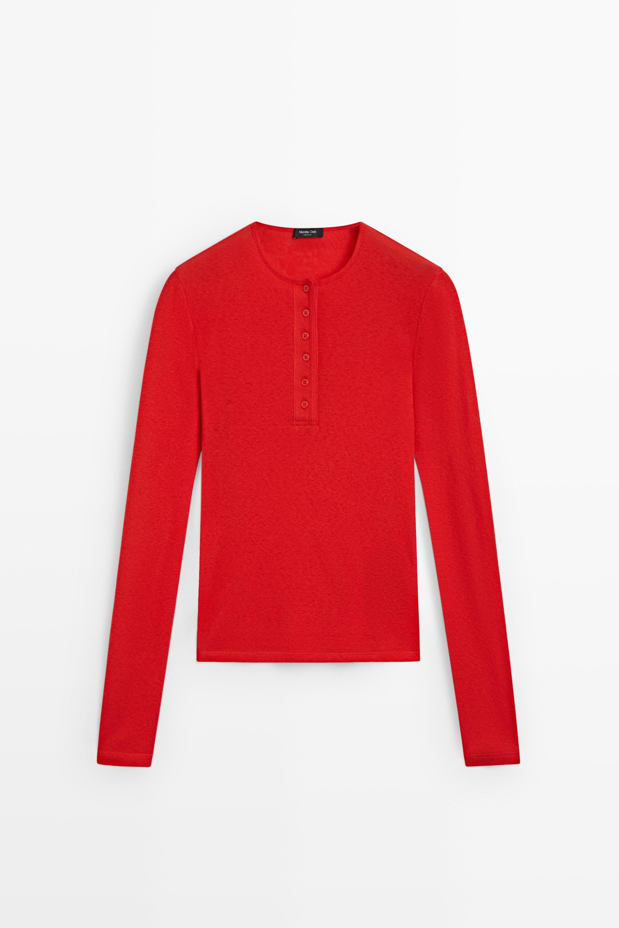 Shirt mit Rundausschnitt mit Knopfleiste, lange \u00c4rmel, Baumwollmischgewebe | Massimo Dutti DE