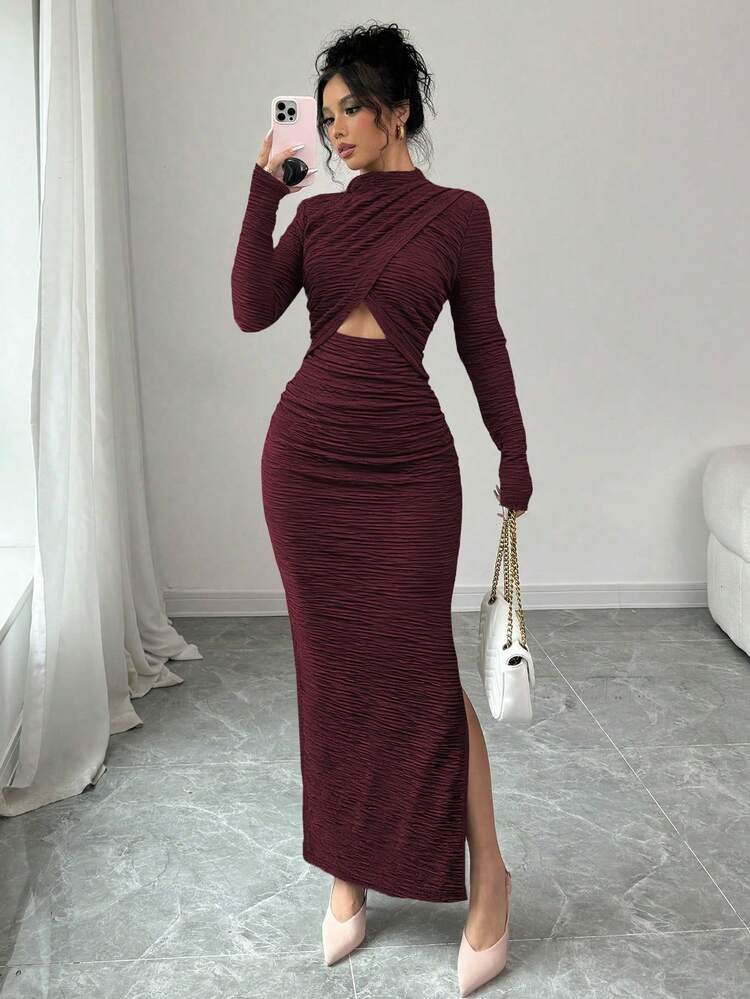 Selianne Vestido midi de manga larga, cuello alto, casual, con abertura y efecto calado | SHEIN