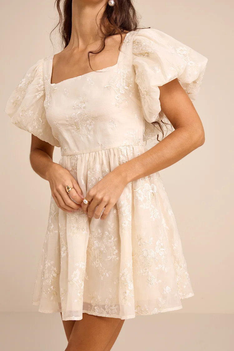 Cathaysa Cream Embroidered Puff Sleeve Bow Mini Dress | Lulus