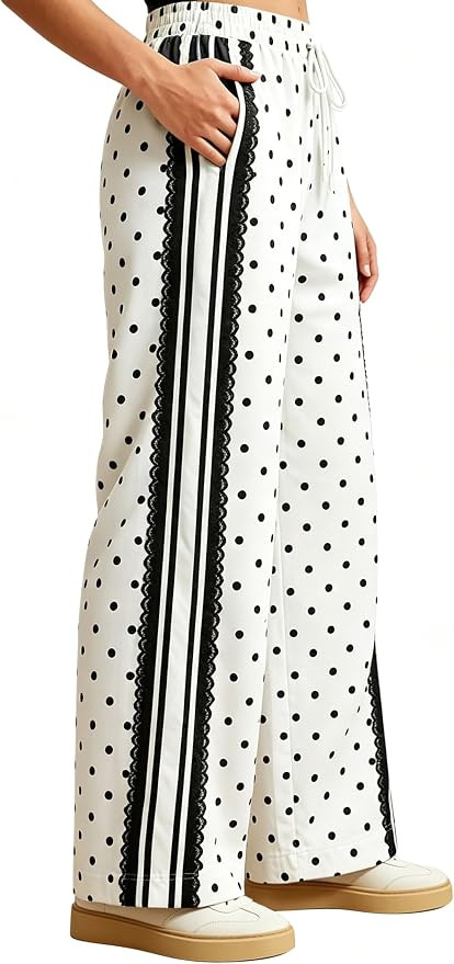 Yeokou Women's Wide Leg Pants Polka Dot Lace Striped High Waisted Casual Track Pants with Pockets... | Amazon (US)