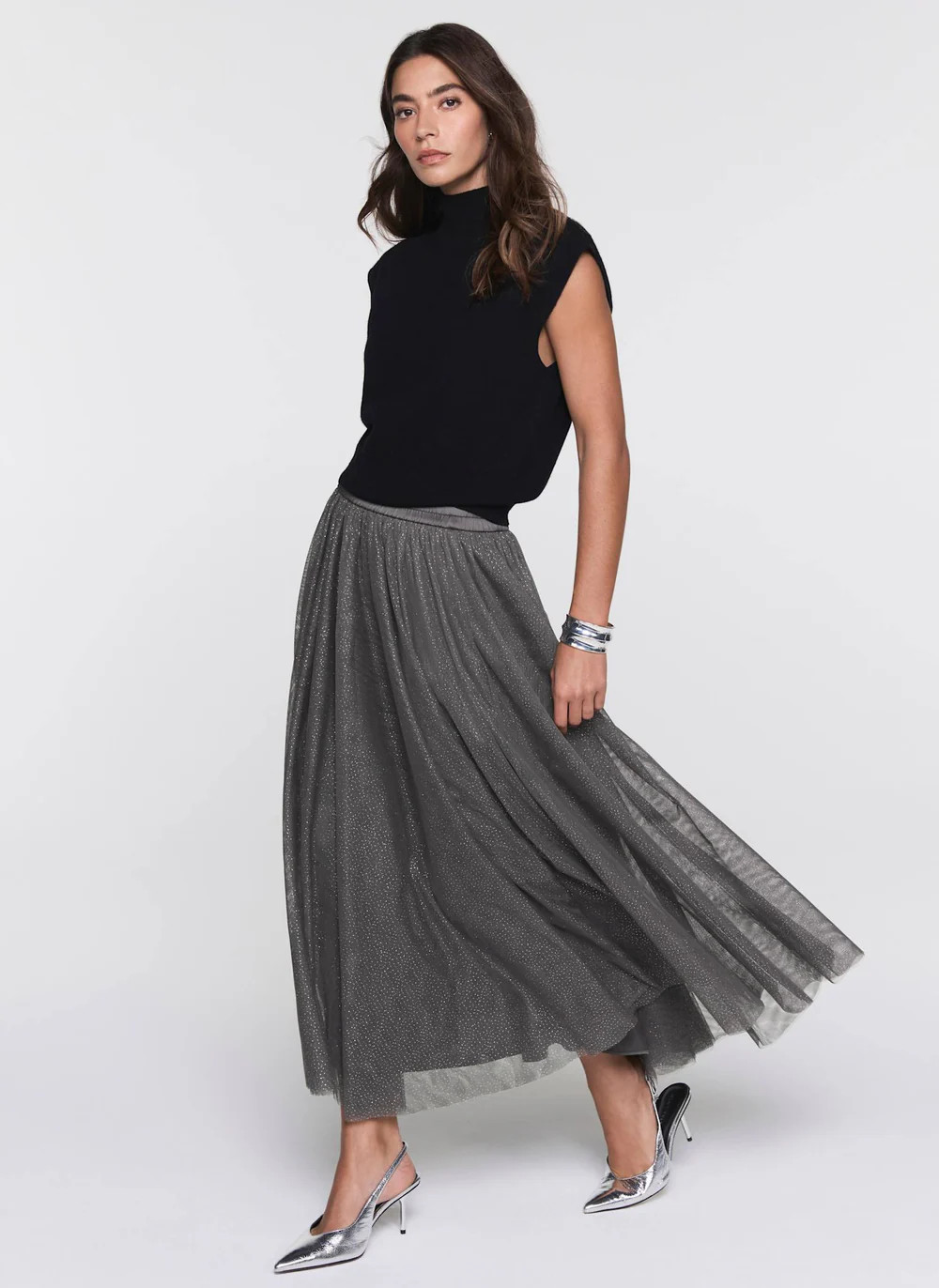 Grey Metallic Tulle Midi Skirt | Mint Velvet