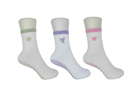 Cute Non-Slip Crew Socks with Embroidered Design - Anti-Skid Yoga, Pilates, Barre, Dance - Socks with Grips (Cotton, Light Multi Color) | Amazon (US)