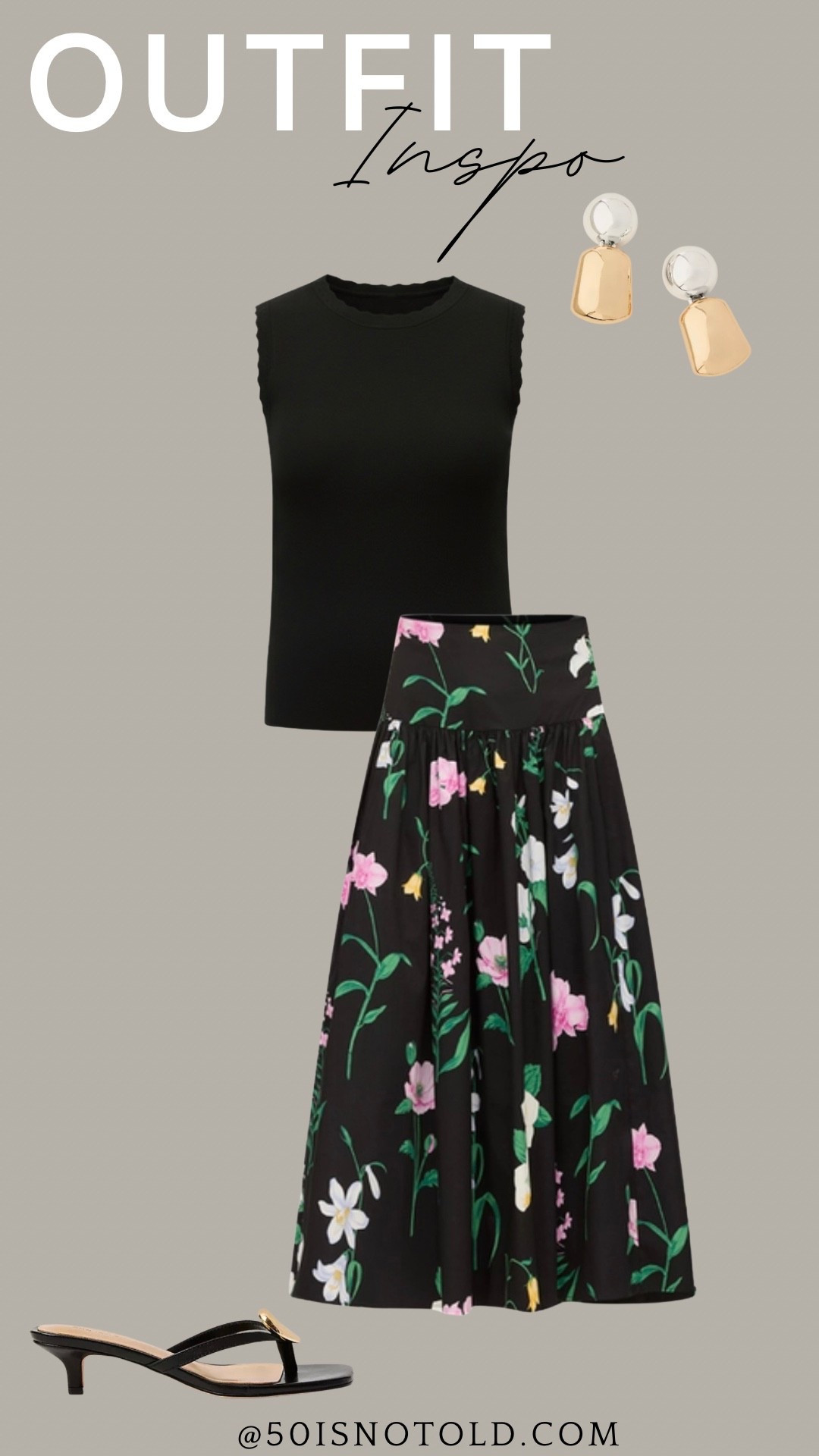 A fun Spring outfit, but with a darker base! I love this maxi skirt and black shell, but you could easily change out the top for more color. 

#LTKOver40 #LTKWorkwear #LTKWedding
