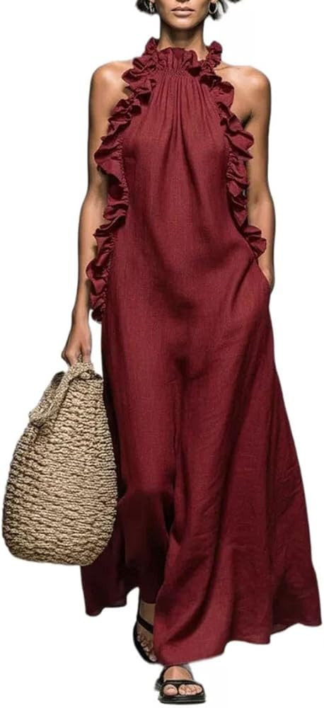 Xiaojmake Women's Ruffle Halter Neck Dresses Sleeveless Relaxed Flowy Solid Long Dress Casual Sum... | Amazon (US)