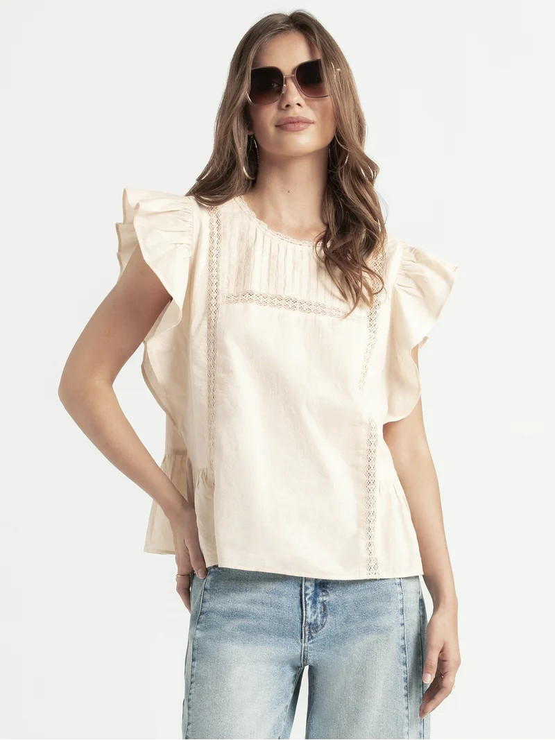 Jessica Simpson Women’s Bowie Cotton Blouse with Ruffle Sleeves, Sizes XS-XL | Walmart (US)