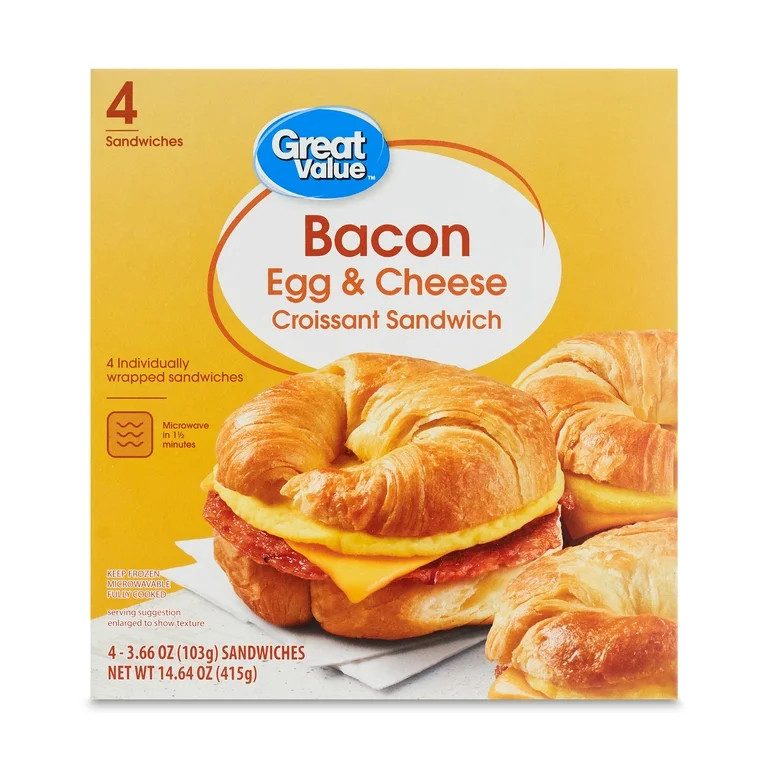Great Value Croissant Sandwiches Bacon Egg and Cheese, 3.66 oz, 4 Count (Frozen) | Walmart (US)