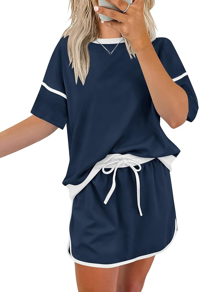 Rapbin Women's 2 Piece Sets Summer Casual Short Sleeve Tops Matching Drawstring Mini Skirt Going ... | Amazon (US)