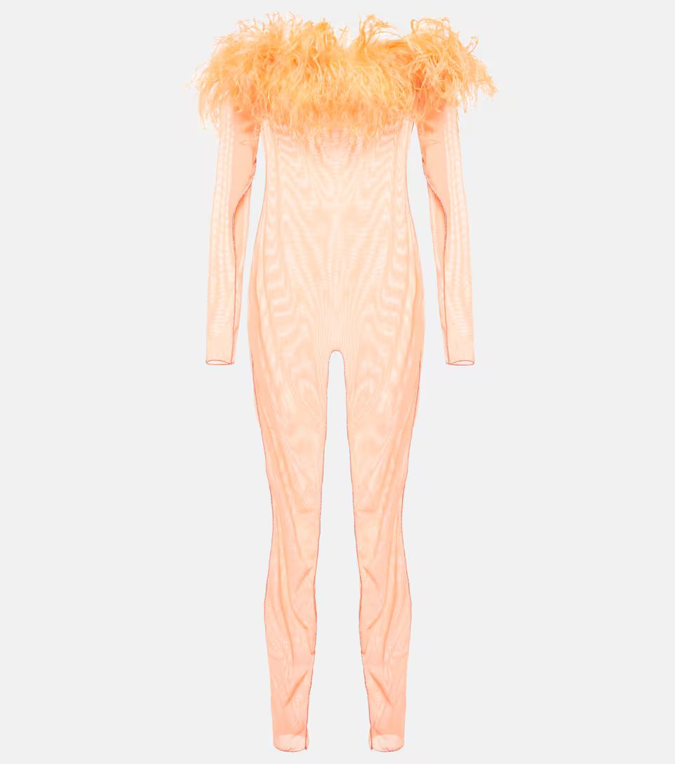 Feather-trimmed mesh jumpsuit | Mytheresa (UK)