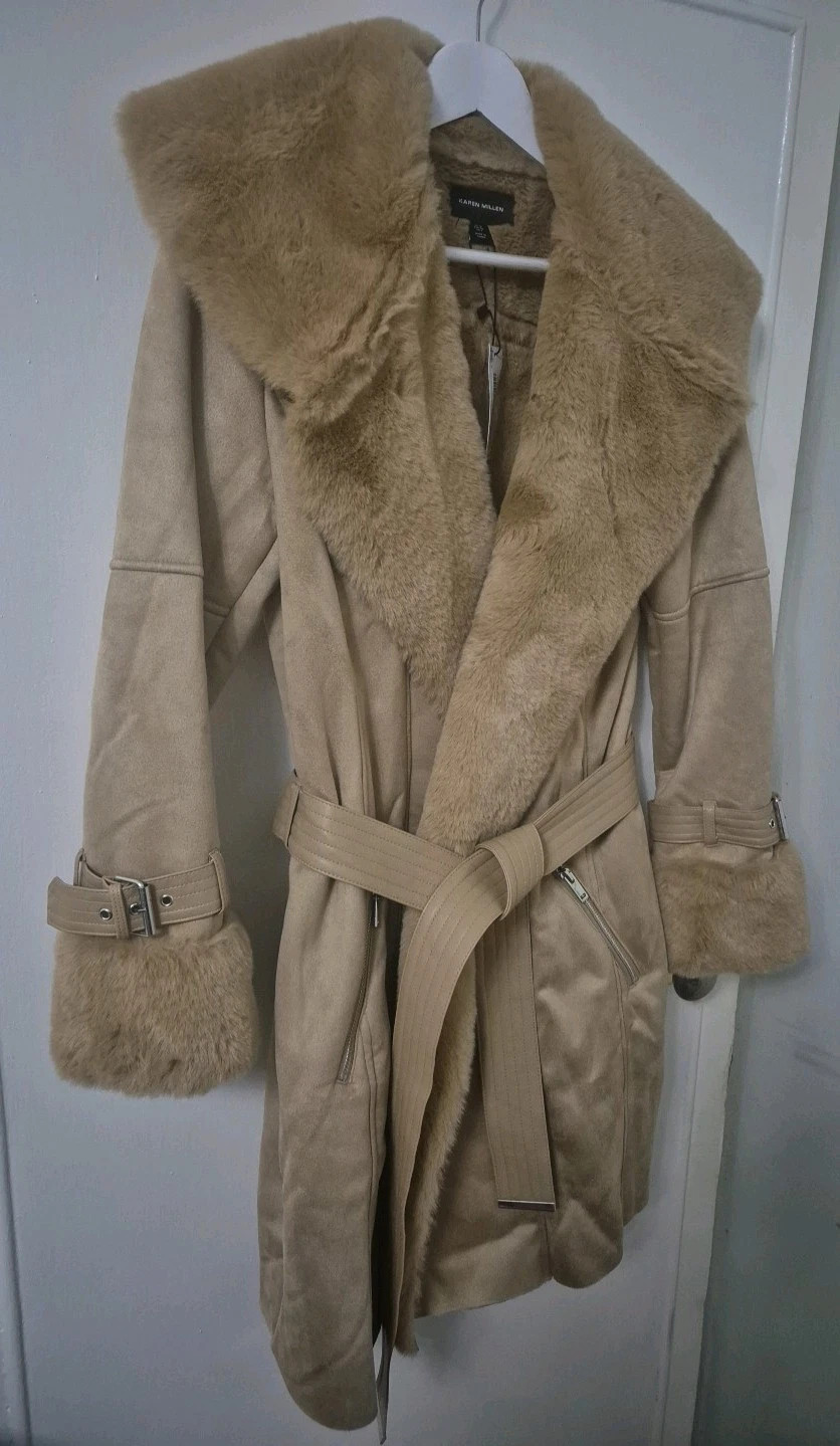 Size 10 Karen Millen Faux Shearling Collar/Cuff Belted Camel Coat | eBay UK