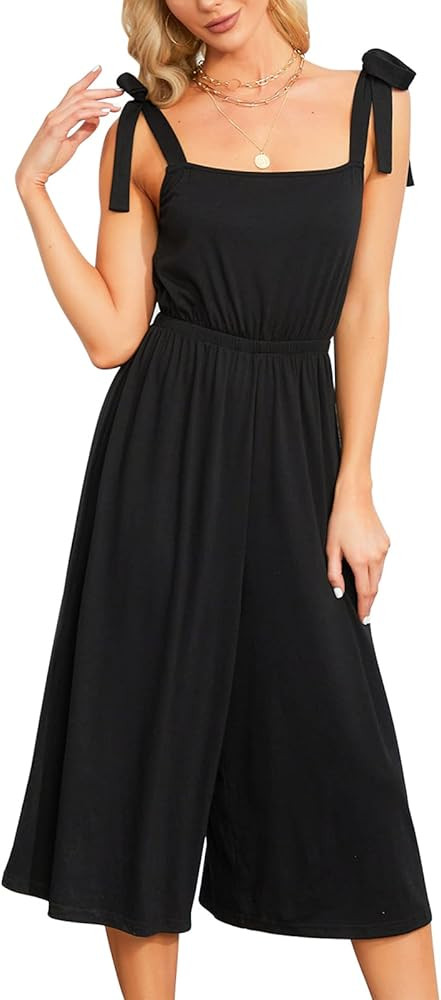 Byinns Womens Square Neck Sleeveless Strappy Long Romper Tie Shoulder Wide Leg High Waist Knit Jumps | Amazon (US)