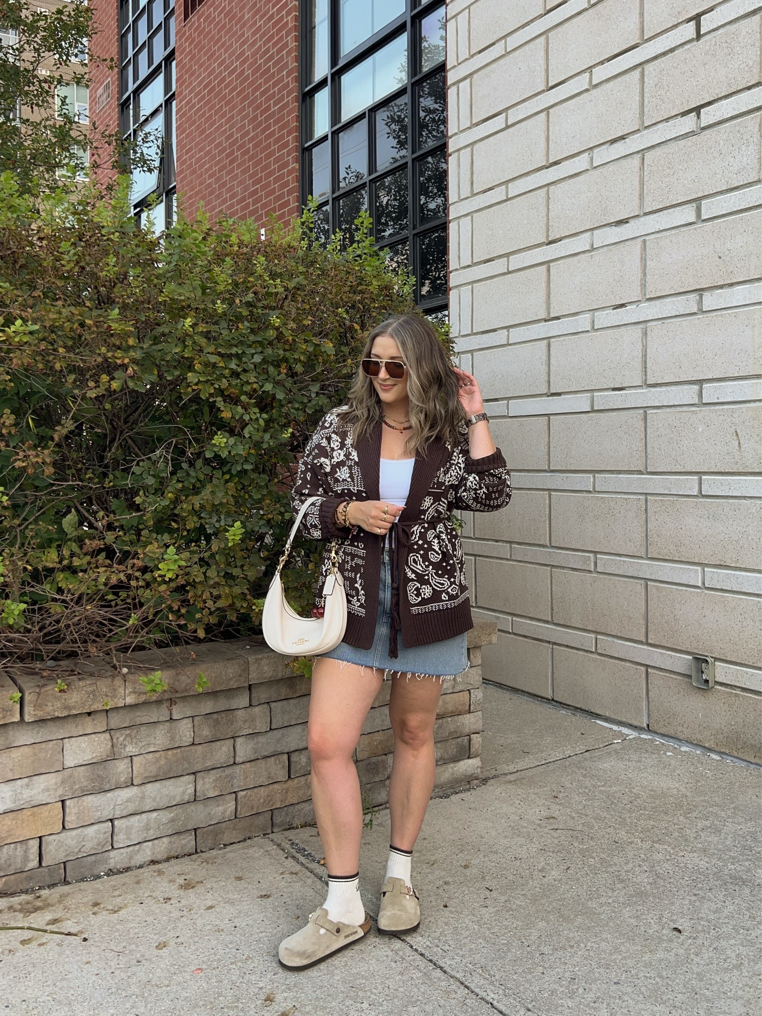 Fall outfit from Abercrombie on sale! Wearing L in the bandana print cardigan (not itchy at all!). Wearing M in the bra free tank top. I bought this denim skirt last year in a size 32, would do a 31 if I was purchasing now. I wear a 30 in A&F 90s relaxed jeans for reference! I’m a 9.5-10 shoe and wear a 40 in the Birkenstock clogs

#LTKfall #LTKmidsize #LTKstyletip