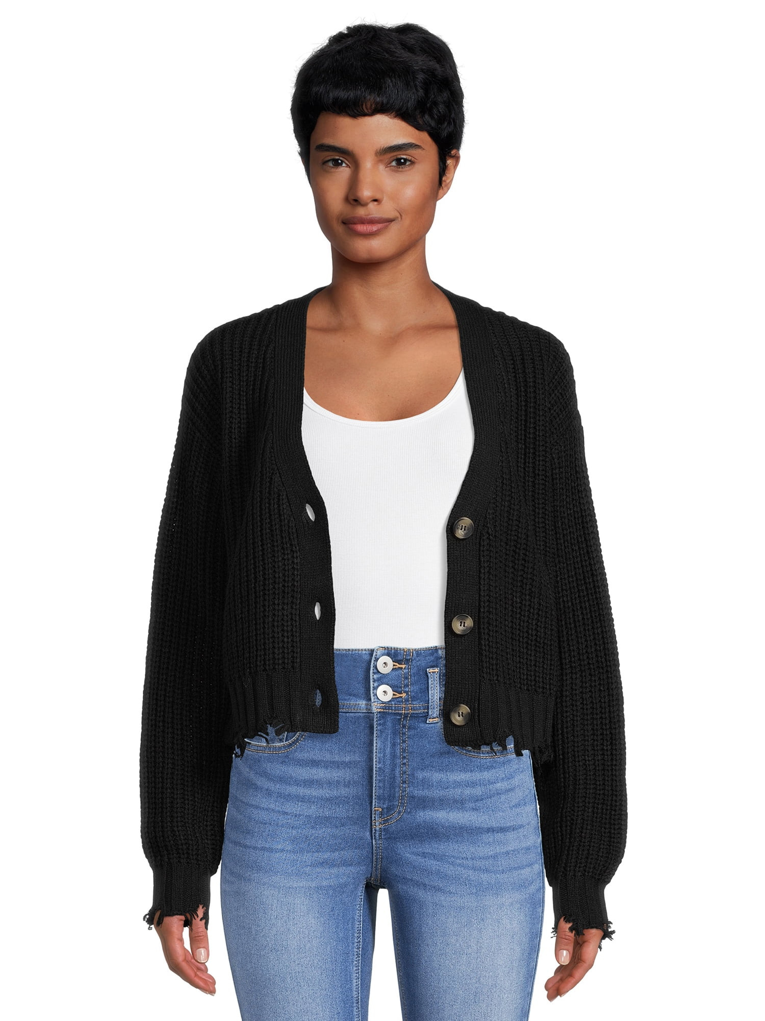 No Boundaries Juniors Frayed V-Neck Cardigan, Midweight | Walmart (US)