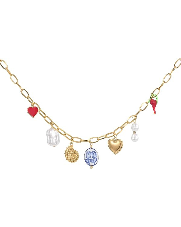 Trendy Stainless Steel Gold Plated Charm Necklace with Heart Pearl Pepper Conch Ceramic Pendant N... | Amazon (US)
