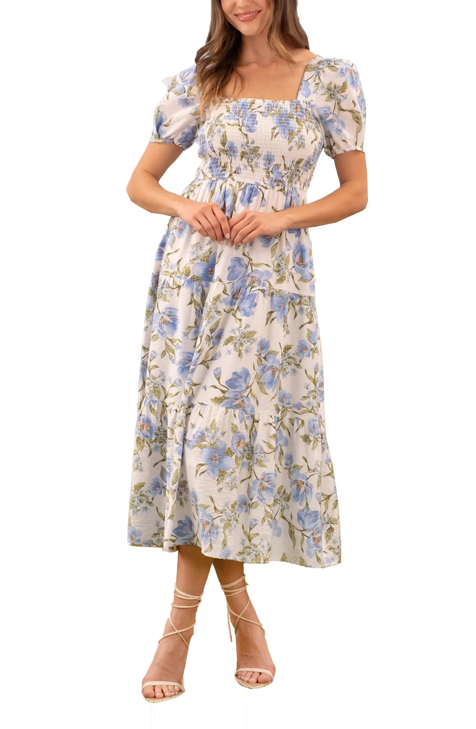 AUGUST SKY Square Neck Puff Sleeve Smocked Floral Dress | Nordstromrack | Nordstrom Rack