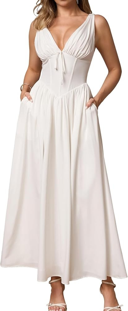 GLNEGE Women's Summer Corset Midi Milkmaid Dress Casual V Neck Flowy A Line Sundress Wedding Gues... | Amazon (US)