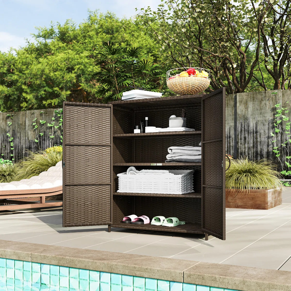 Wicker Outdoor Storage Cabinet, 4-Shelf Pool Storage, Espresso | Wayfair North America