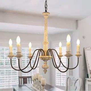 Shabby Chic 6 Light Off-White Wood Candle Chandelier with adjustable Chain - 33 inches | Bed Bath & Beyond