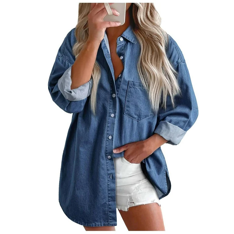 Women's Oversized Denim Shirt - Long Sleeve, Button-Down, Chest Pocket, V-Neck Casual Blouse Tops... | Walmart (US)