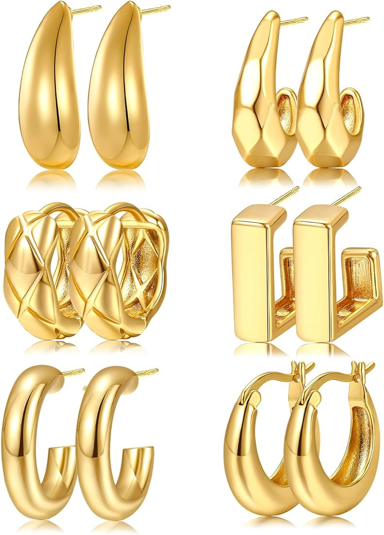 Gold Hoop Earrings Set for Women, 14K Gold Plated Small Thick Hoops Earrings Pack, Chunky Gold Ea... | Amazon (US)