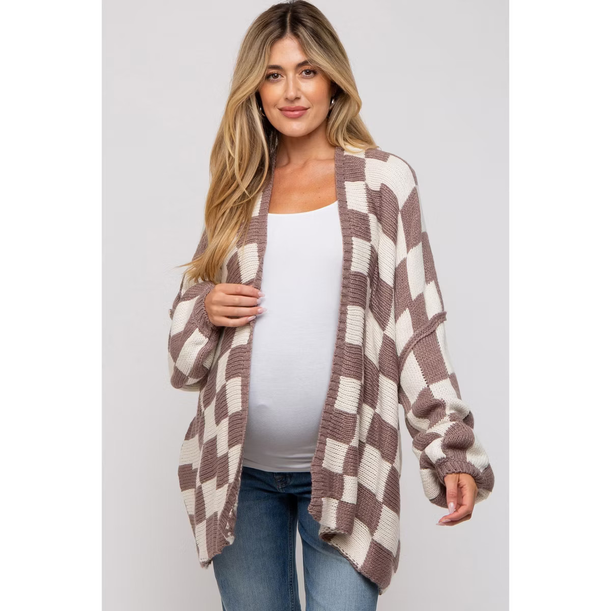 PinkBlush Taupe Checkered Print Oversized Maternity Cardigan | Target