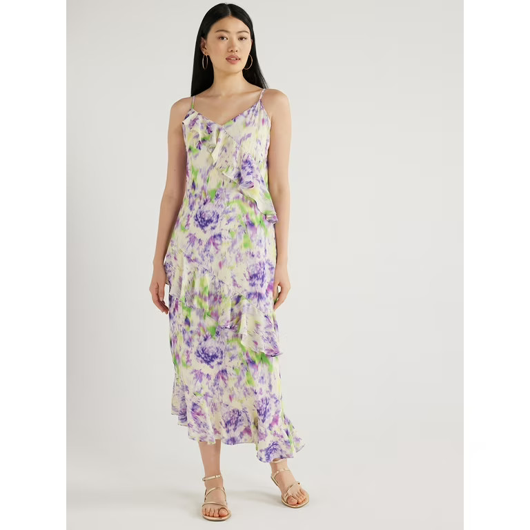 Scoop Women’s Ruffle Slip Bias Cut Dress, Sizes XS-XXL | Walmart (US)