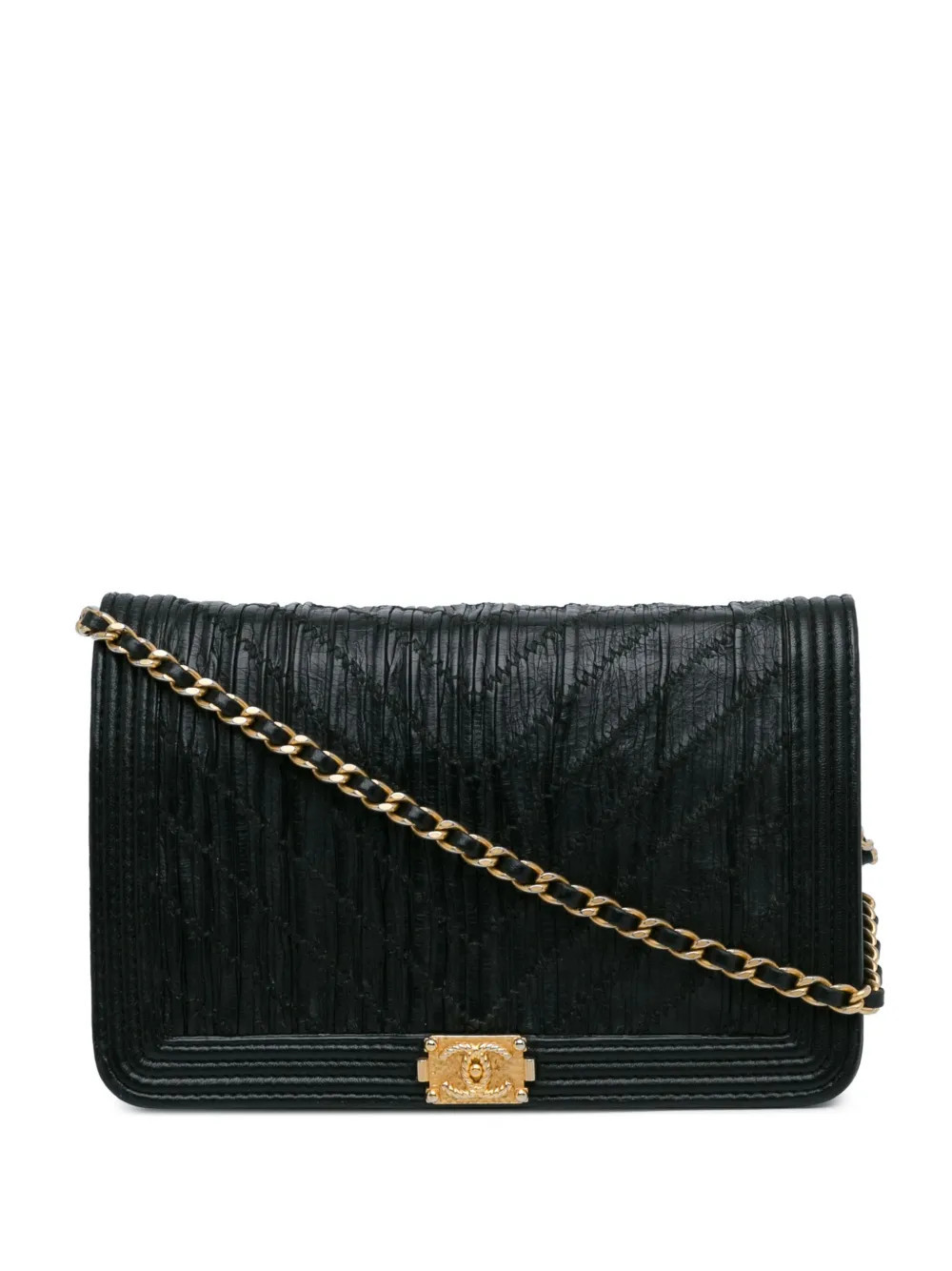 CHANEL Pre-Owned 2018 Pleated Crumpled Chevron Le Boy Wallet On Chain crossbody bag - Black | Farfetch Global