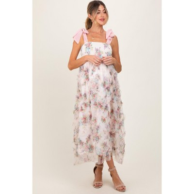 Pinkblush Cream Floral Smocked Shoulder Tie Ruffled Maternity Midi Dress Medium | Target