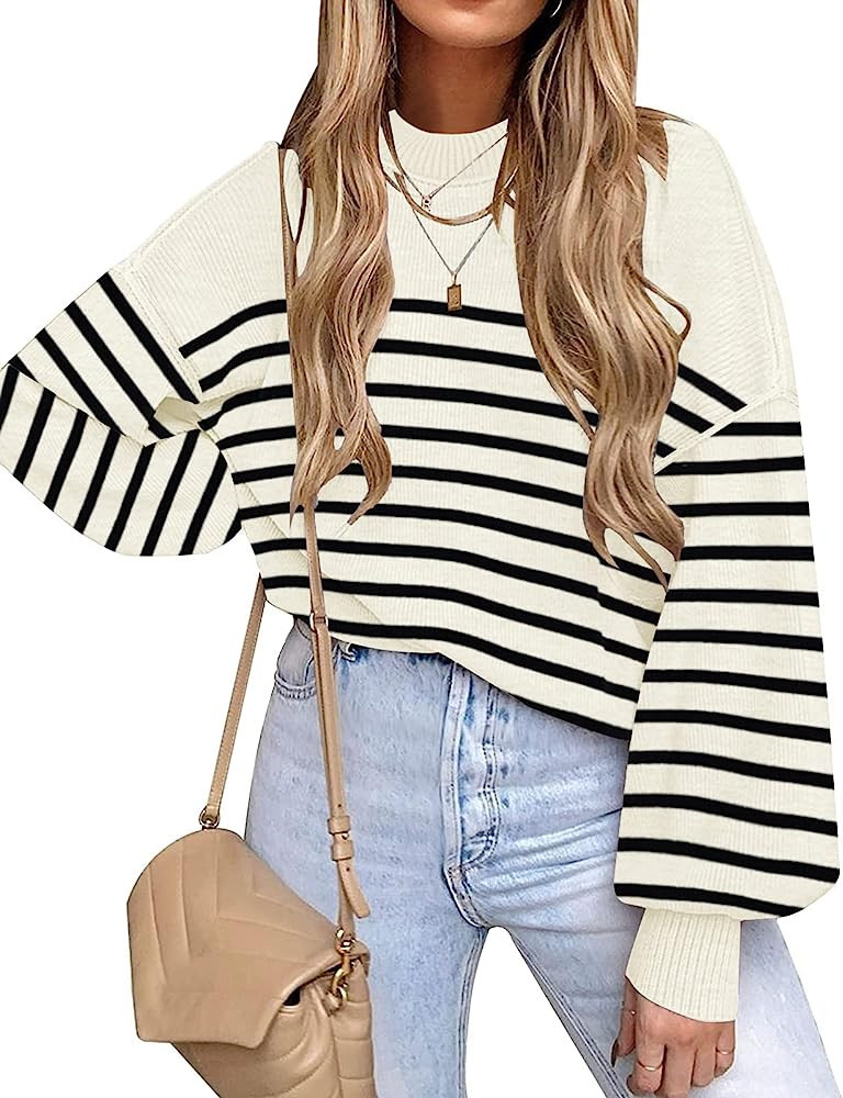 ETCYY Womens Striped Sweaters Fall 2022 Batwing Long Sleeve Side Slit Oversized Crew Neck Knit Pu... | Amazon (US)